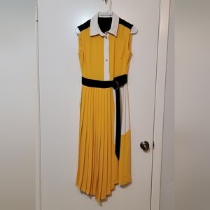Karen Millen Colorblock Soft Pleated Shirt Dress, US Size 4. Yellow black white.